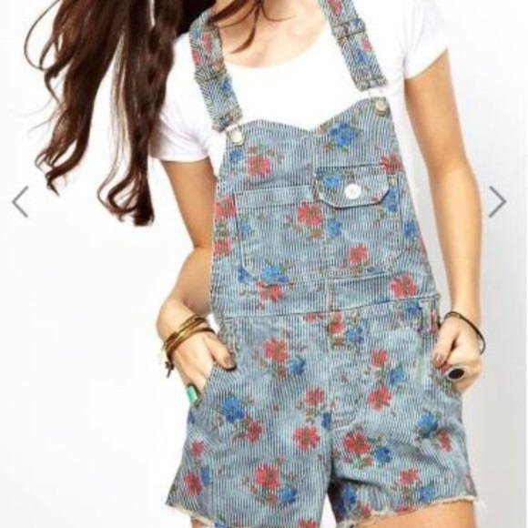 Free People Denim - Free People Railroad Stripe Floral Shortalls